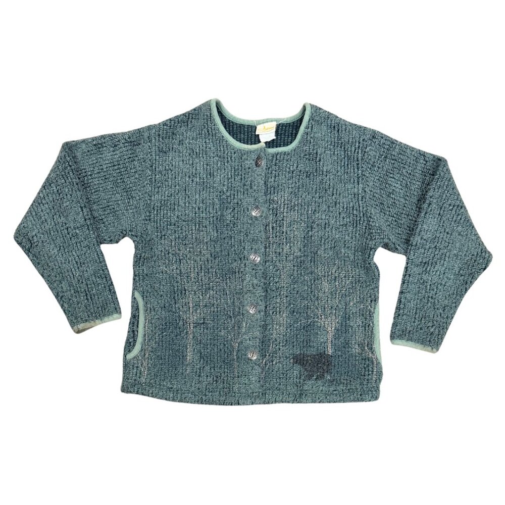 Vintage 90s Artisans Fleece Button Up Cardigan Sweater with Bears and Trees M